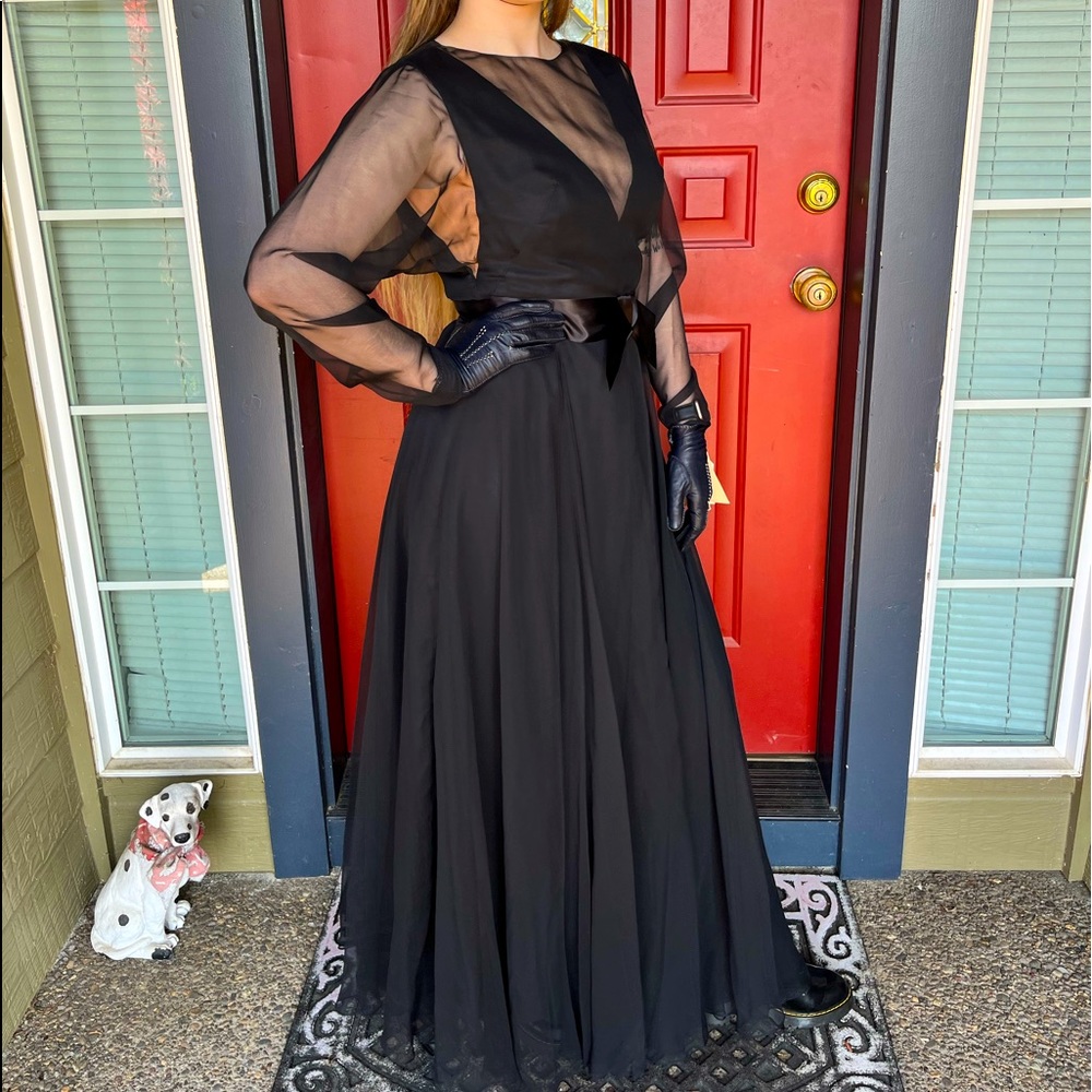 NWT 1970s Designer Luis Estevez Gothic Black Long Dress Gown Vintage size 14